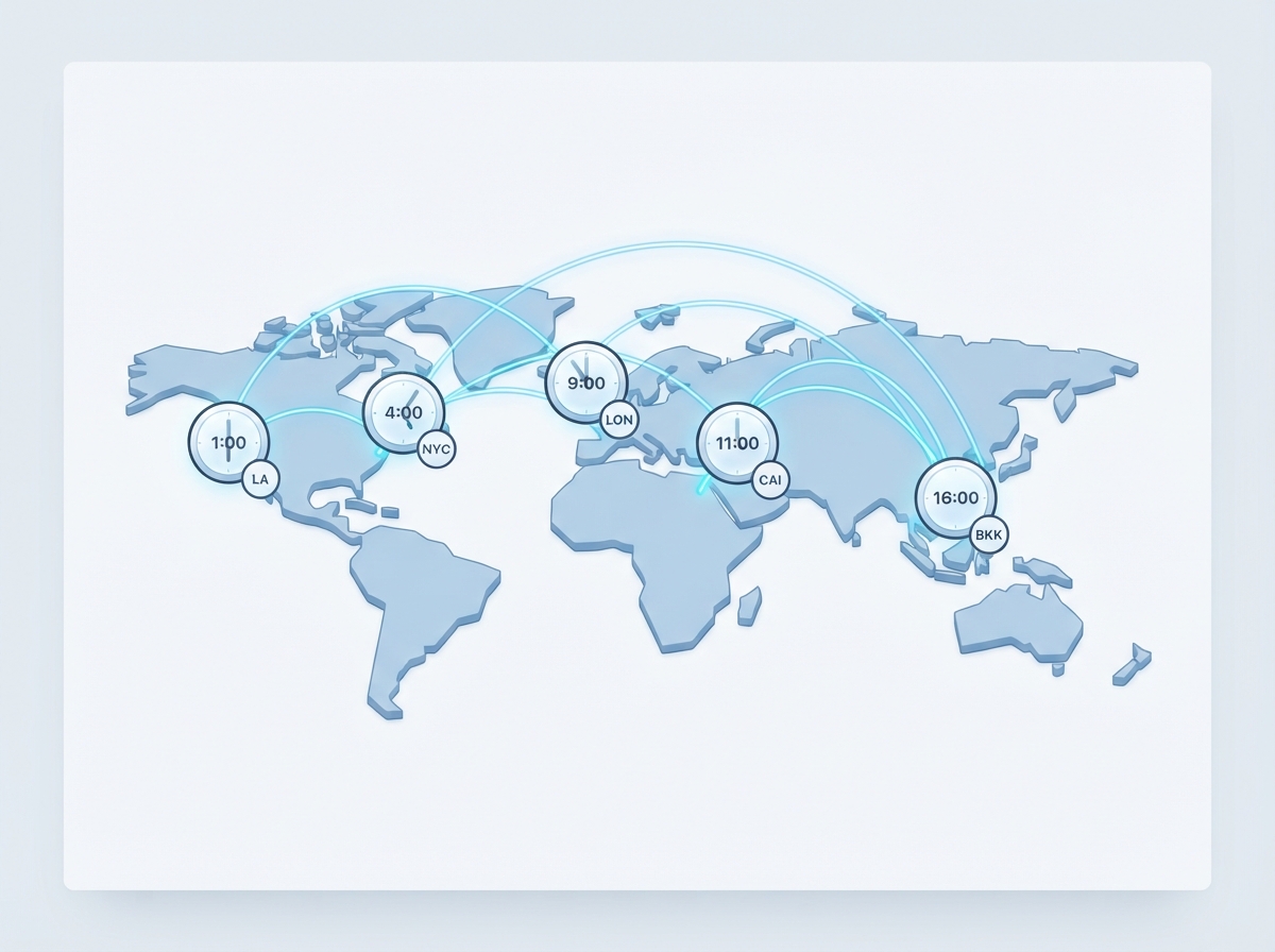 World map showing local times across multiple time zones